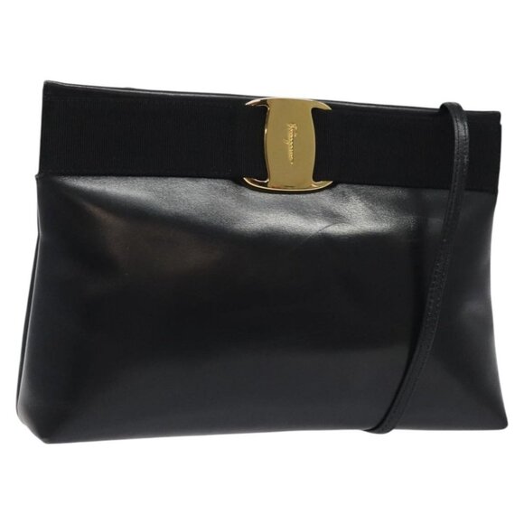 Salvatore Ferragamo Vala Shoulder Bag Leather Black Gold Auth - Picture 2 of 16